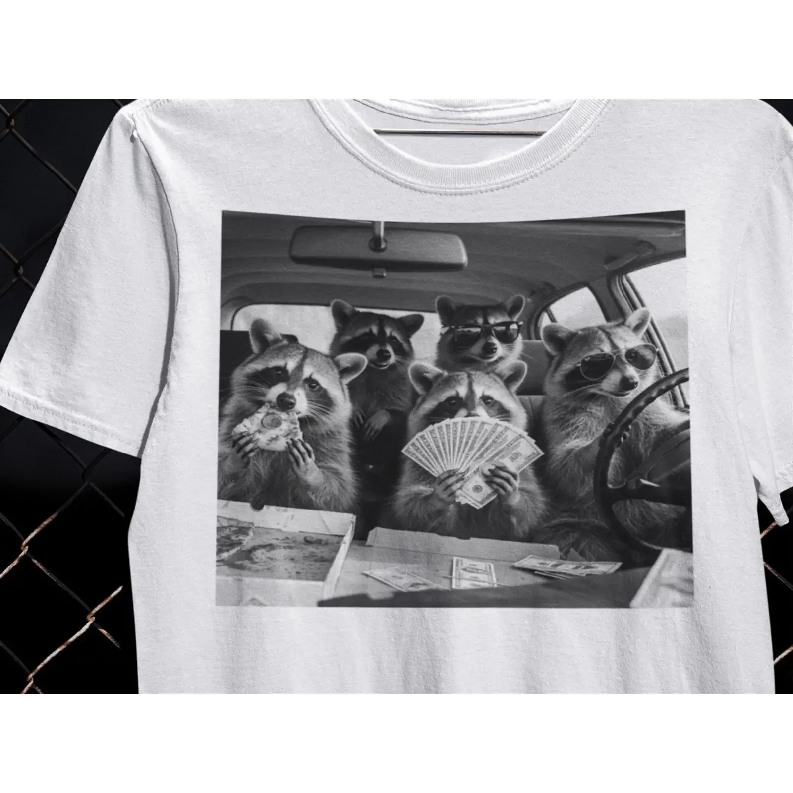 Funny Raccoon Gang In Car T Shirt Raccoons Eating Pizza Counting Money Chaotic Animal Meme Wildlife  vintage Washed graphic