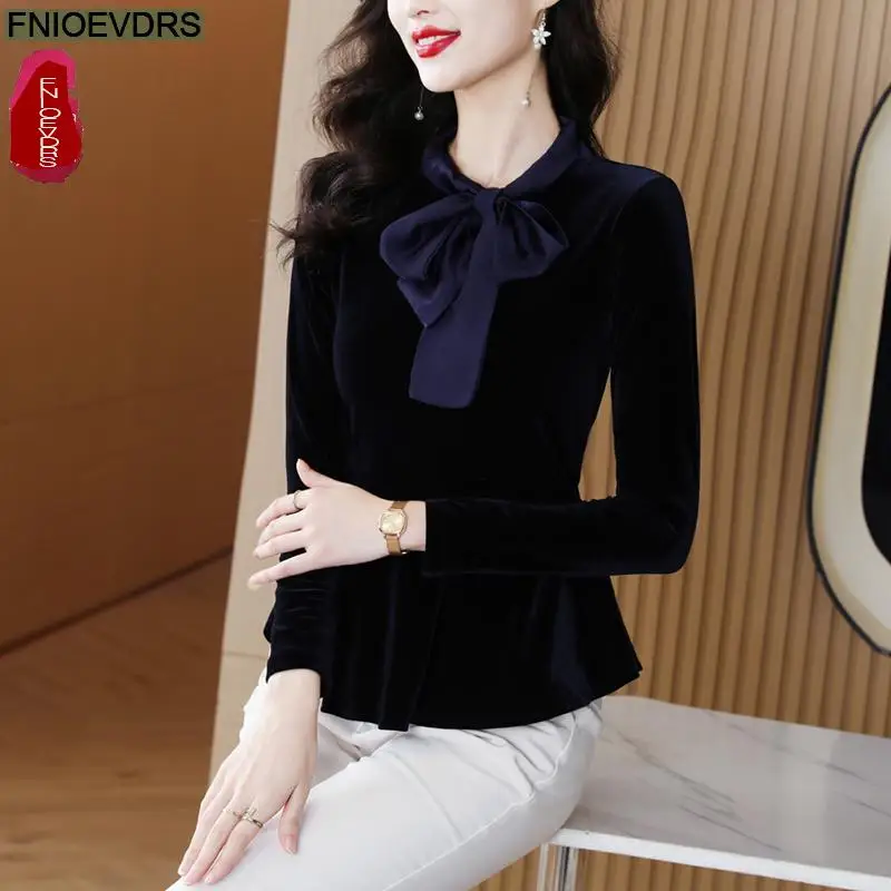 Office Shirts Basic Wear New Design Women Autumn Winter Work Lady Velvet Tops Long Sleeve Short Bow Tie Blouses