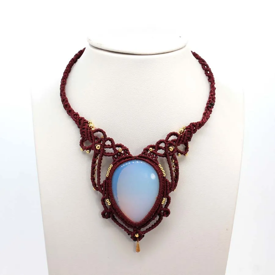 Handmade Rope Braided Macrame Crystal Stone Pendant Necklace For Women Water Drop Opal Stone Weave Adjustable Necklace Jewellery