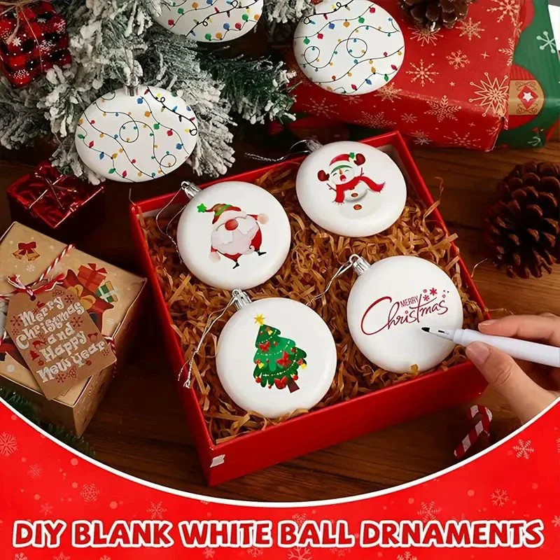 8cm DIY White Plastic Christmas Ornament Balls Flat Round Blank Baubles with Silver Hanging Rope Xmas Tree Decor Home Craft