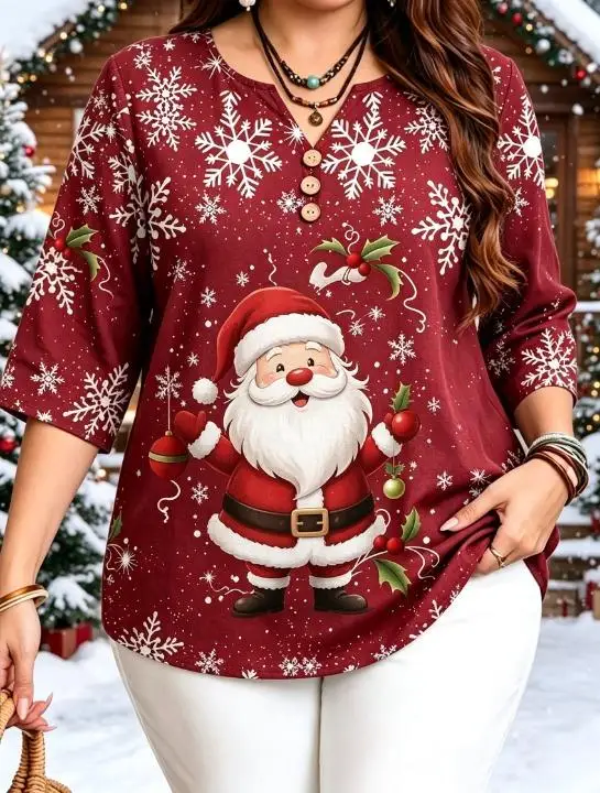 Plus Size Women 3/4 Sleeve V‑Neck Blouse Christmas Cartoon Snowman Holly Print Button Decoration Loose Casual Tops