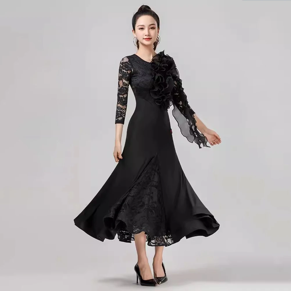 High-end International Modern Dance Competition Dress Ladies Luxury Party Dress Lace Long Sleeve Lotus Leaf Lace Dance Dress