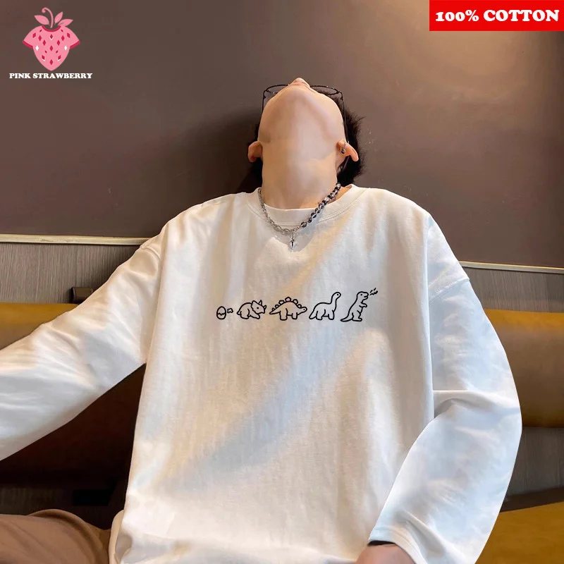 

Cute Cartoon Dinosaur Print T-shirt Men Autumn 2025 New 100% Cotton Oversize White Long sleeves Casual Tee Y2k Top Man clothing