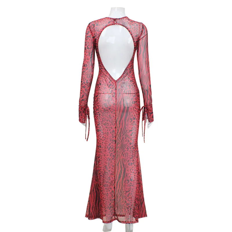 Robe sirène dos nu à imprimé léopard rouge sexy pour femmes, col rond, coupe ajustée, mode, soirée, tenue longue moulante