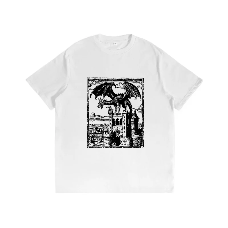 

Vintage Dragon T Shirt Men Women Unisex Gothic Castle Graphic Cotton Tee Fantasy Lover Gift Retro Medieval Style Casual Outfit