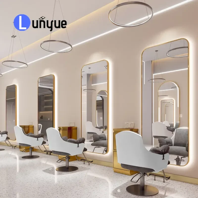 Modern Luxury Wall Mounted Ironing Mirror Station Metal Full Length Floor Mirror with Internal Light for Barber Shop Hair