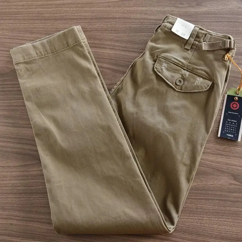 Heavy Tooling Straight-leg Pants Men's Korean Ami Kaji Pure Cotton Men's Long Pants Old Worn Hole Casual Pants Cotton Mens Jeans