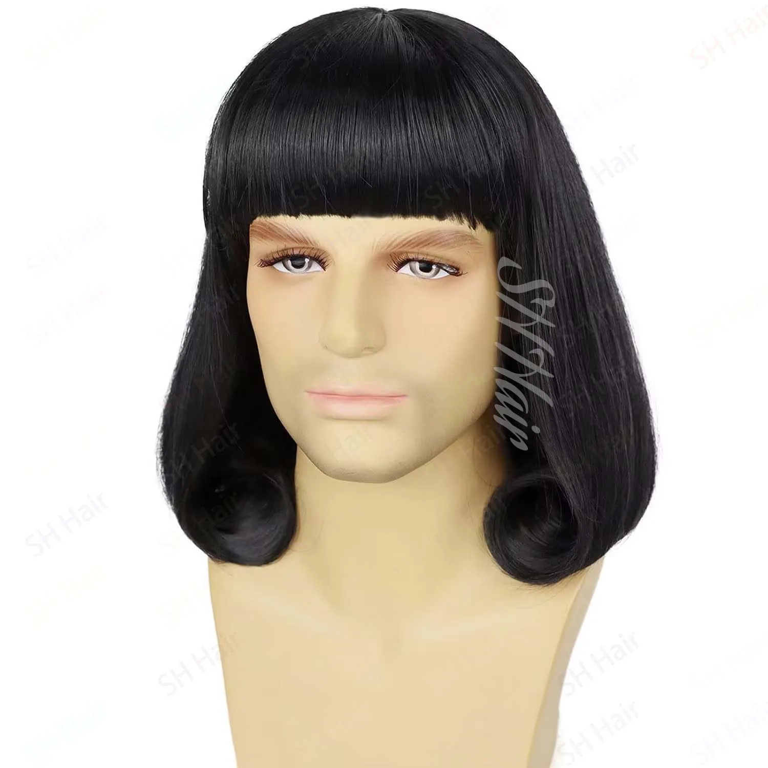 

Синтетический короткий черный парик унисекс для мужчин с плоской полной челкой, забавные парики, парик для косплея