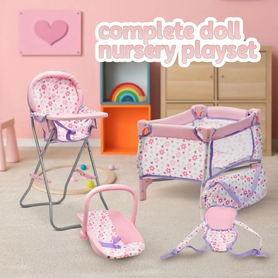 مجموعة ألعاب لحضانة الدمية، كرسي مرتفع ومقعد، مجموعة إكسسوارات دمية الأطفال، حقيبة تخزين روضة اللعب، دمية فاخرة أرجوانية #2