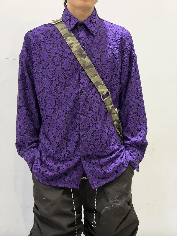 Wooster Eugene Purple Lace Long Sleeve Loose Fit Men's Shirt Vintage Style Casual Wear Polyester Fiber No Ironing Required