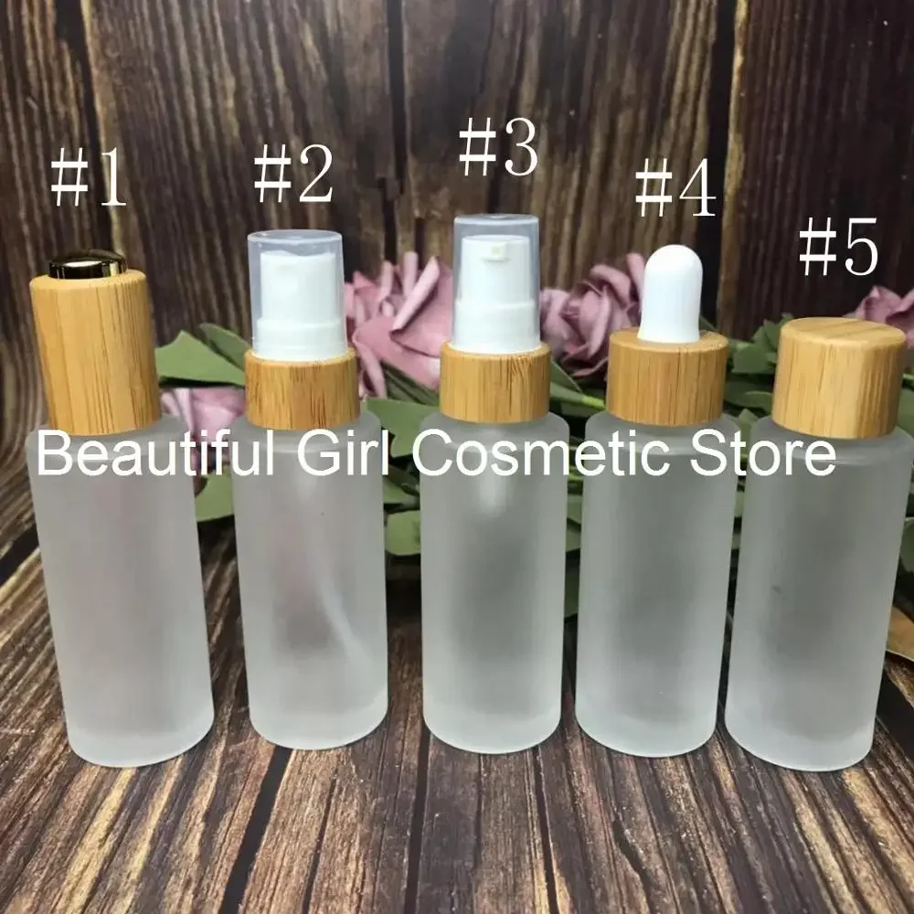 

Recycled cosmetic packing Frosted glass skincare bottle,glass bamboo/wood spray bottle,refillable bambu dropper bottle with cap