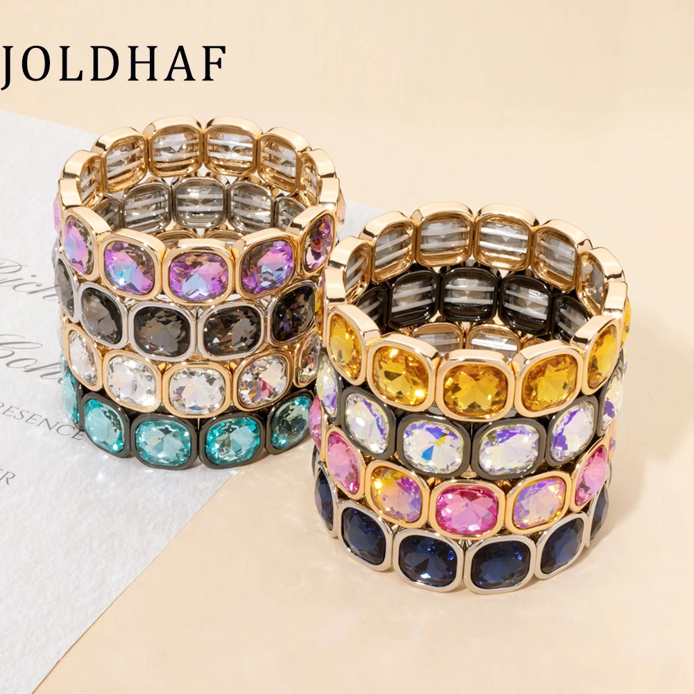 

2024 Gold Color Crystal Bangle Handmade Square Shape Rhinestones Boho Women Tennis Bracelet Elastic Bohemian Zircon Jewelry