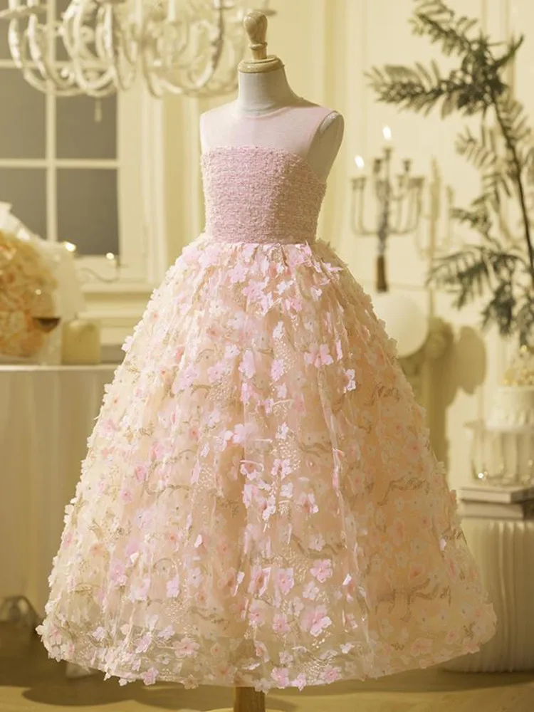 Vestido de noite rosa infantil para piano, vestidos de dama de honra, casamento, aniversário, meninas, A4128