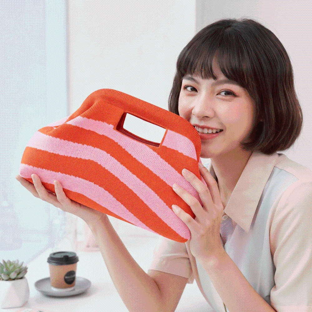 Knitting Wristlet Bag Woven Knit Handbag Lightweight Soft Contrast Color Purse Handmade Durable Cutout Handle Clutch Women