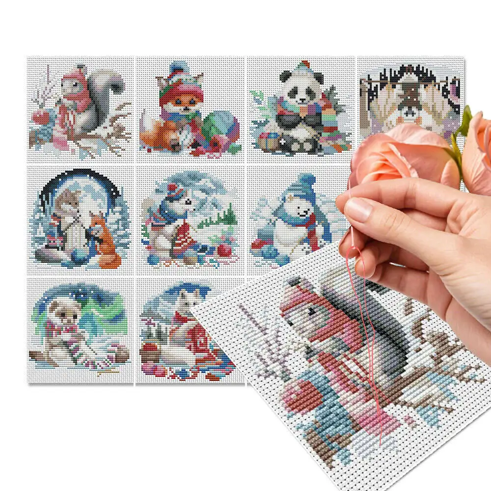 12Pcs Winter Cross Stitch Set Dog Animal 11Ct Printed Fabric Embroidery Kit Wolf Needlework Decorative Paintings Wall Stickers