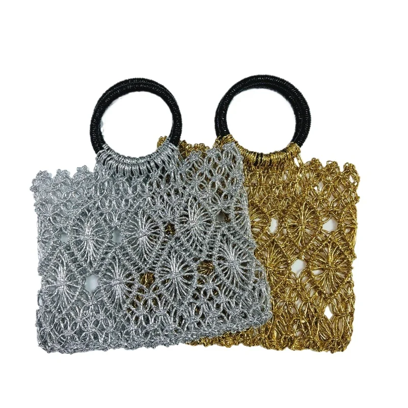 Women's Straw Beach Tote Bag with Breathable Hollow Design Handmade Woven Gold Silver Thread Summer Travel