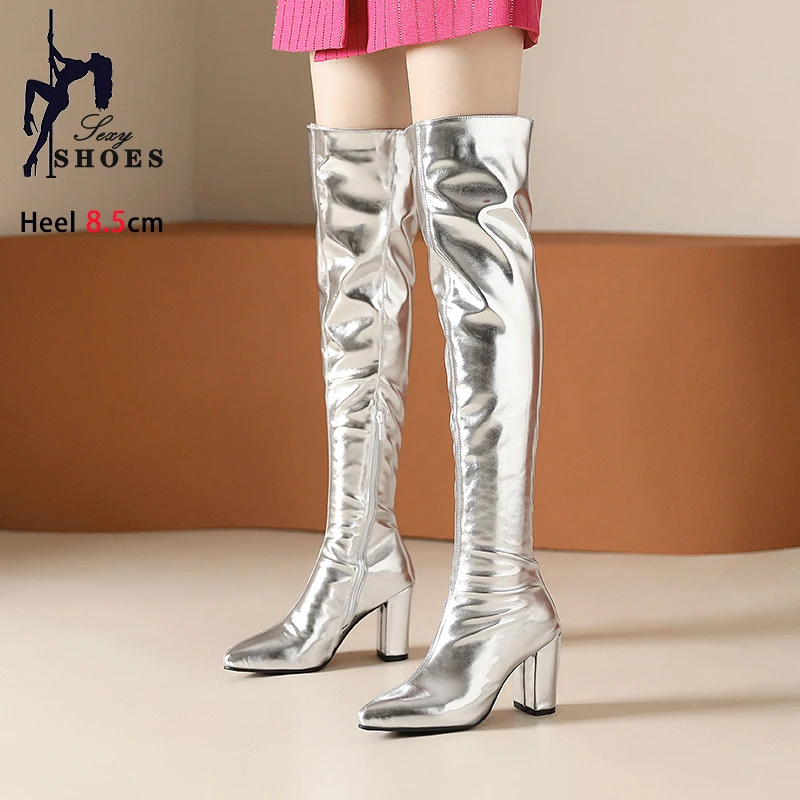 Gold Silver Over-the-Knee Boots Women Nightclub Fashion Pointed Toe Thigh High Boots Autumn Winter Long Female Shoes Big Size 46