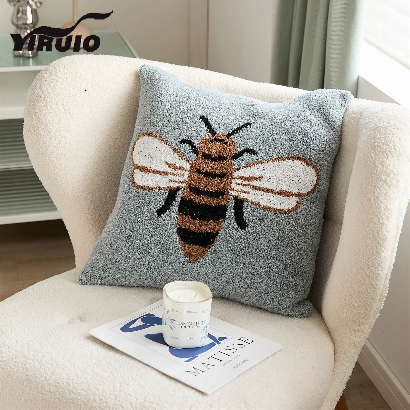 YIRUIO Bed Decorative Bee Pattern Pillow Case Super Soft Cozy Furry Kawaii Microfiber Knitted Cushion Cover 45*45 Pillow Cover