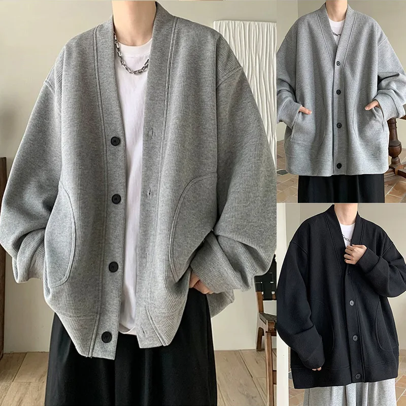 Spring Autumn V-Neck Waffle Loose Cardigan Sweatshirt Men's Premium Hong Kong Style Casual Outerwear
