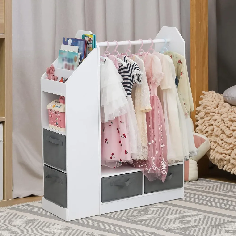 

Kids Wardrobe with Full-Length Mirror - Multifunctional Dress Up Storage Center for Children, Playroom Organizer with Shelves