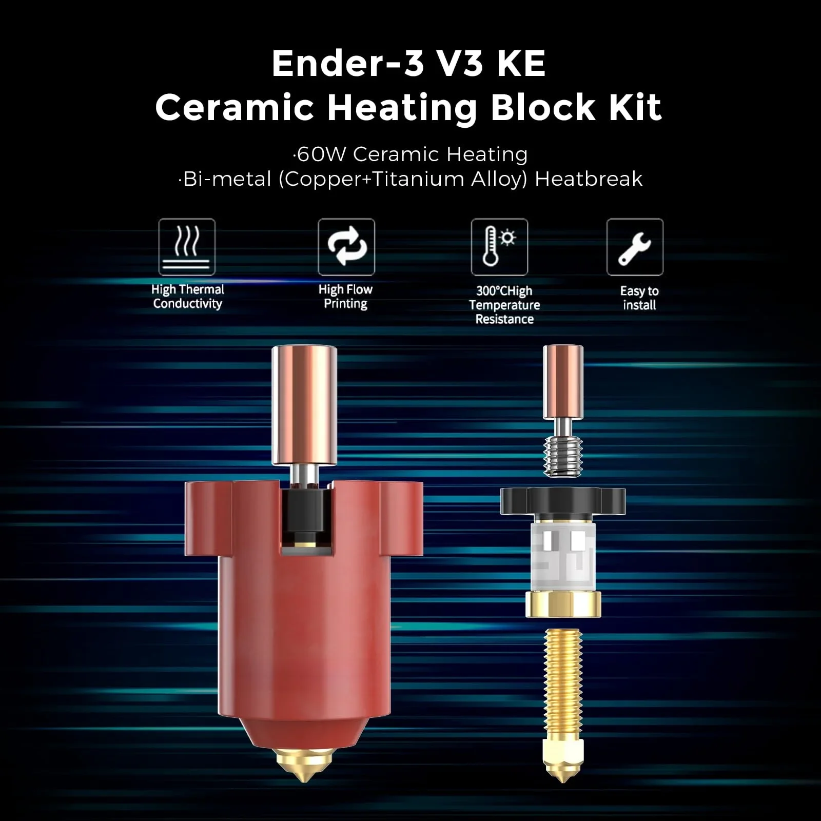 For Creality Ender 3 V3 KE Hotend Kit Ceramic Heating Block Nozzle 300°C 60W Fast Heating High Thermal Conductivity Ceramics