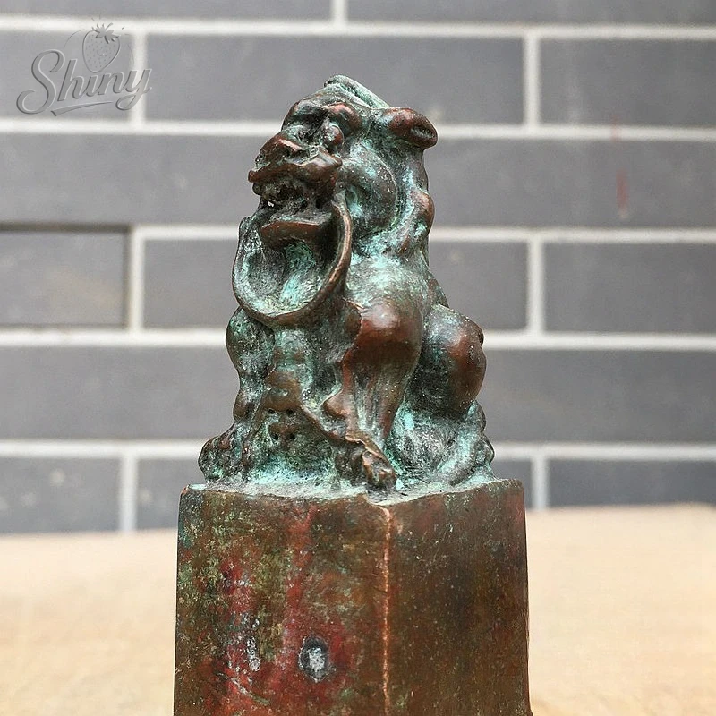 Solid Copper Auspicious Lion Seal Carving Animal Figurine Desk Accessory for Study Feng Shui Decor