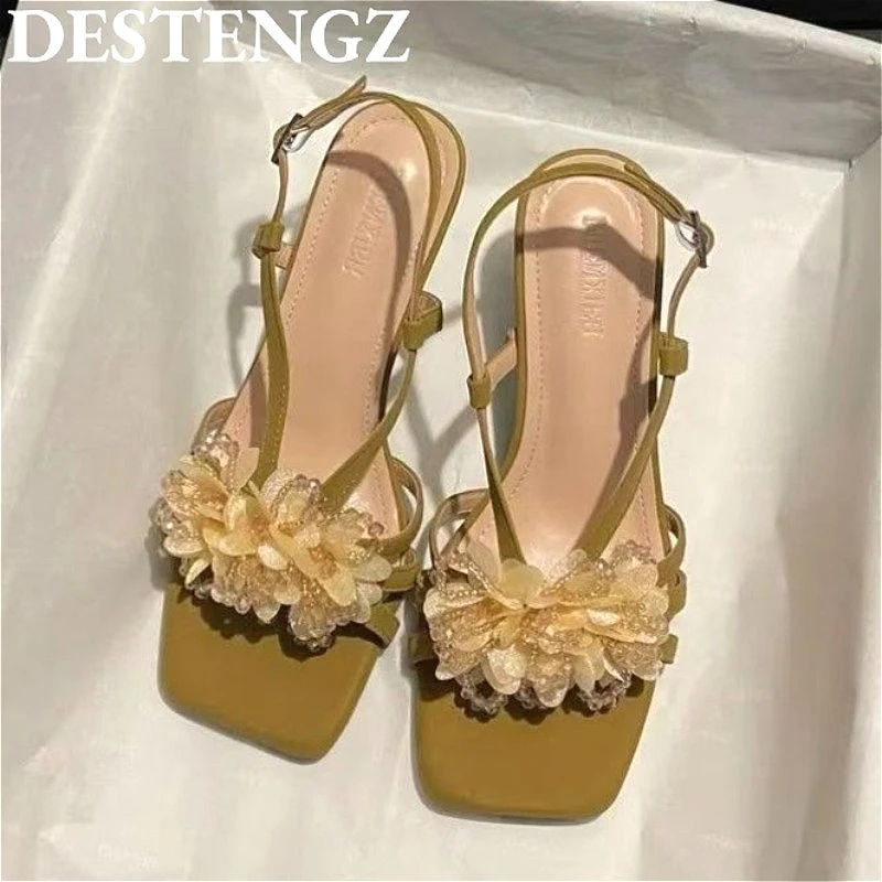 

Flower Sandals Women High Heels Shoes Square Toe Summer Slingback 2025 Elegant Slippers Dress Pumps Party Fashion Open Toe Mujer