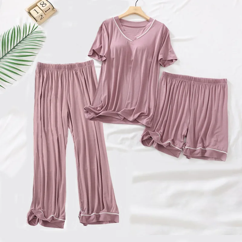 Fdfklak New Short Sleeve Tops + Cropped Pant + Shorts 3 Piece Set Casual V Neck Home Clothes Modal Cotton Pajamas Women Pijamas