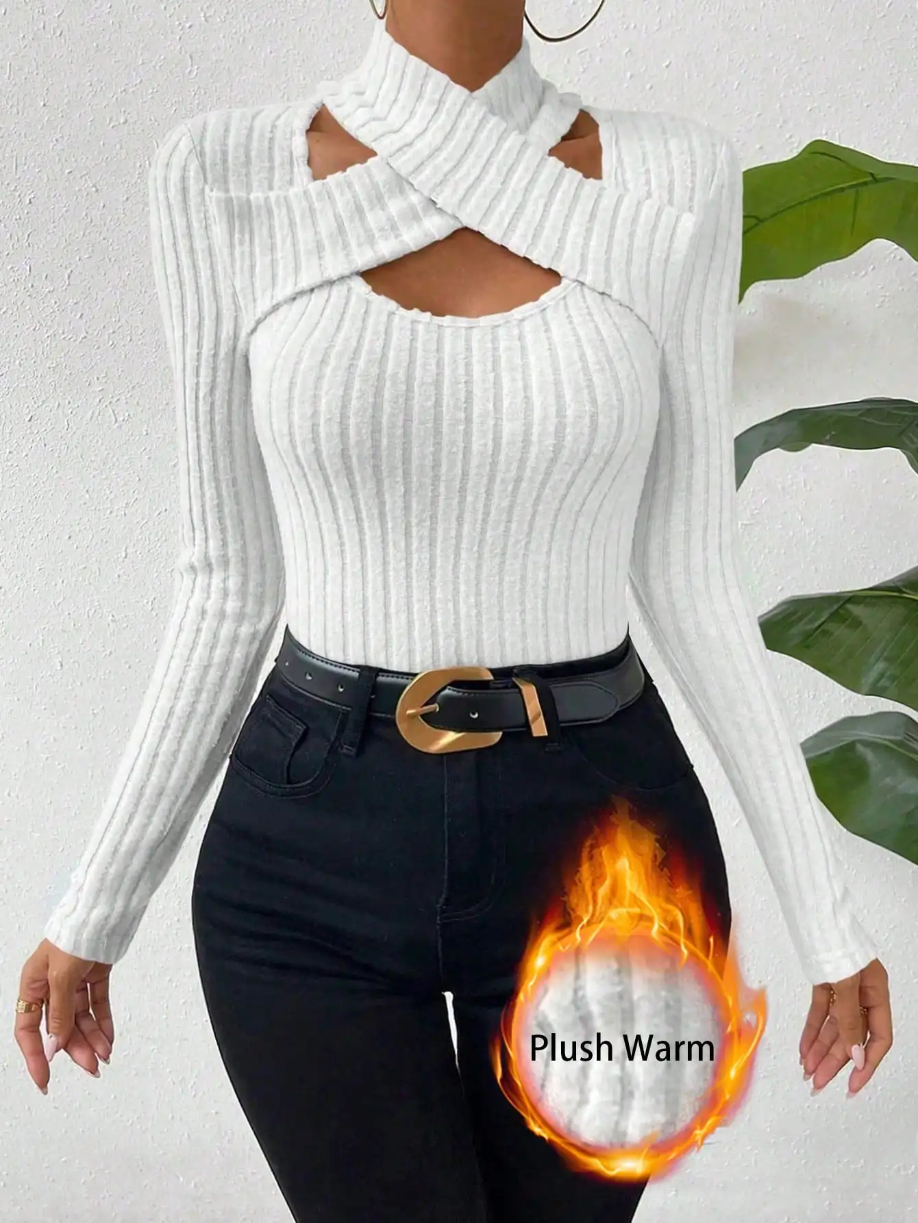 

Женский ребристый топ с длинными рукавами и вырезом на шее, теплый, плюшевый, для осени