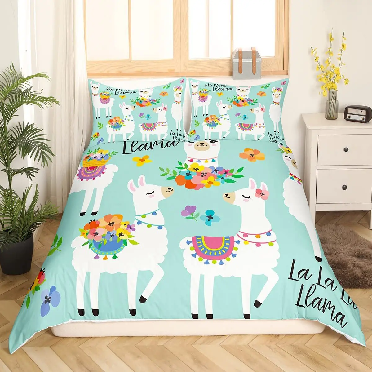 

Cute Cartoon Alpaca Duvet Cover Set Llama Cactus Print Bedding Set Botanical Animal Comforter Covers Decorative For Kids Teens