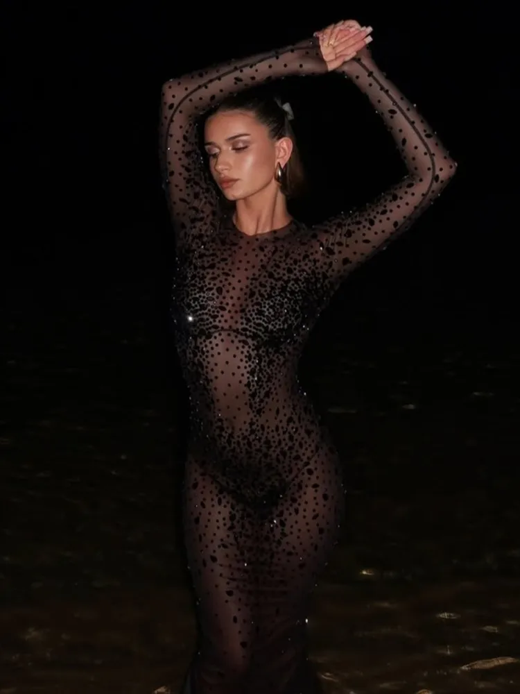 Damska seksowna długa sukienka maxi z długim rękawem, kryształkami i diamentami, kostium na przyjęcie urodzinowe, do baru, klubu nocnego, na scenę.