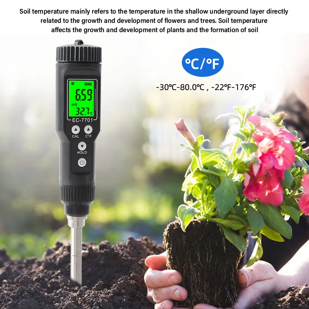 Yieryi New EC-7701 Soil EC Temp Meter 0.0-10.00 mS/cm Digital Garden Plants Soil Salinity Test Soil Conductivity Tester for Farm