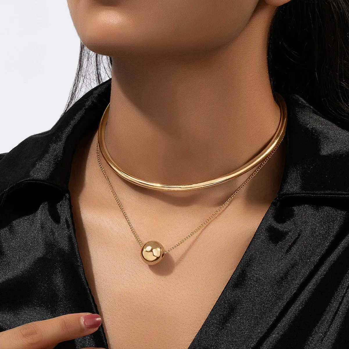 

2PCS Double Layer Metal Chains Necklace for Women Daily Life Girls Gothic Gold-plated Ball Pendant Choker Necklace