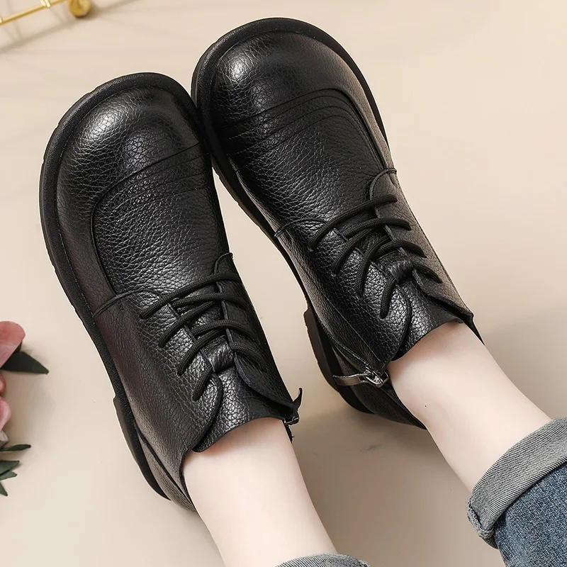 DRKANOL النساء الشقق كعب حذاء من الجلد اليدوية الرجعية الخريف الشتاء جولة تو جلد البقر الحقيقي أفخم الدافئة أحذية بوت قصيرة غير رسمية