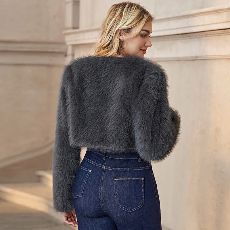 Autumn Winter Women's Plush Coat New Solid Color Round Neck Long Sleeved Short Style strap Plush Thick Warm Women's Fur Coats