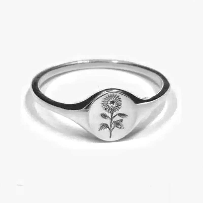2026 Minimalist Floral Niche Design Ring Seal Sunflower Pattern  Small Fresh Male and Female Index Finger