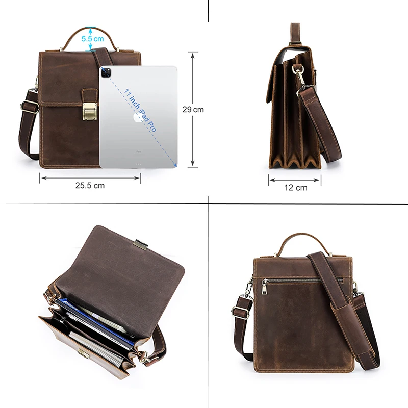 CONTACTS Luxury Men Genuine Leather Shoulder Bag for iPad 11\'\' Password Lock Designer Bags Crossbody Messenger Causal Handbag