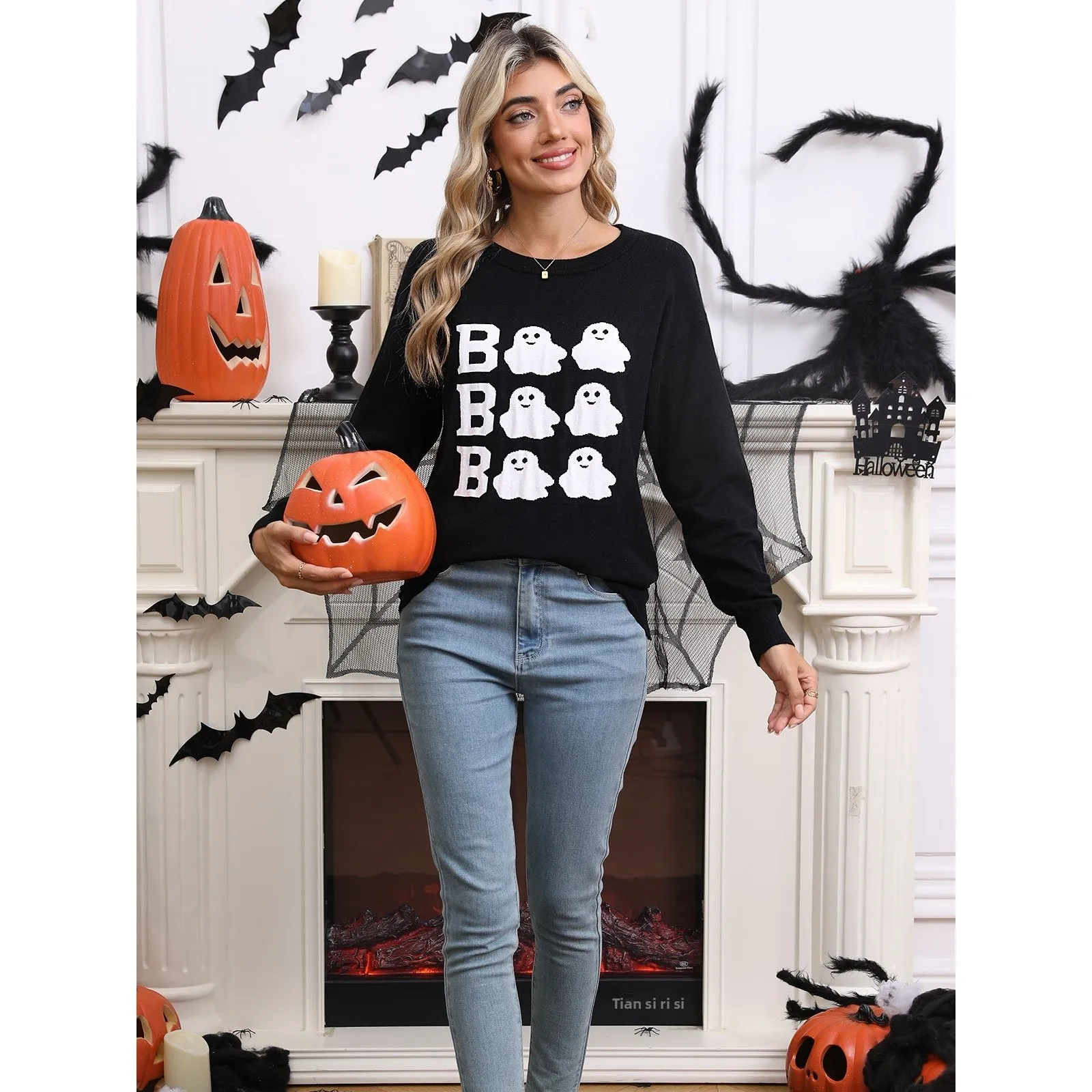 Halloween Thema Geborduurde Gebreide Trui Casual Ronde Ne Long Sve Dames Camere Trui Comfortabele Vrije Tijd Faion