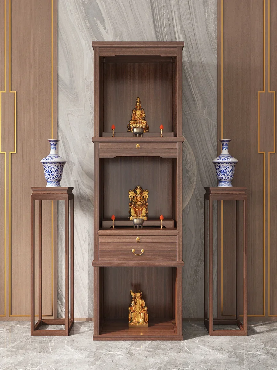 Household Solid Wood Three-Layer Buddha Cabinet Altar Incense Burner Table Black Walnut