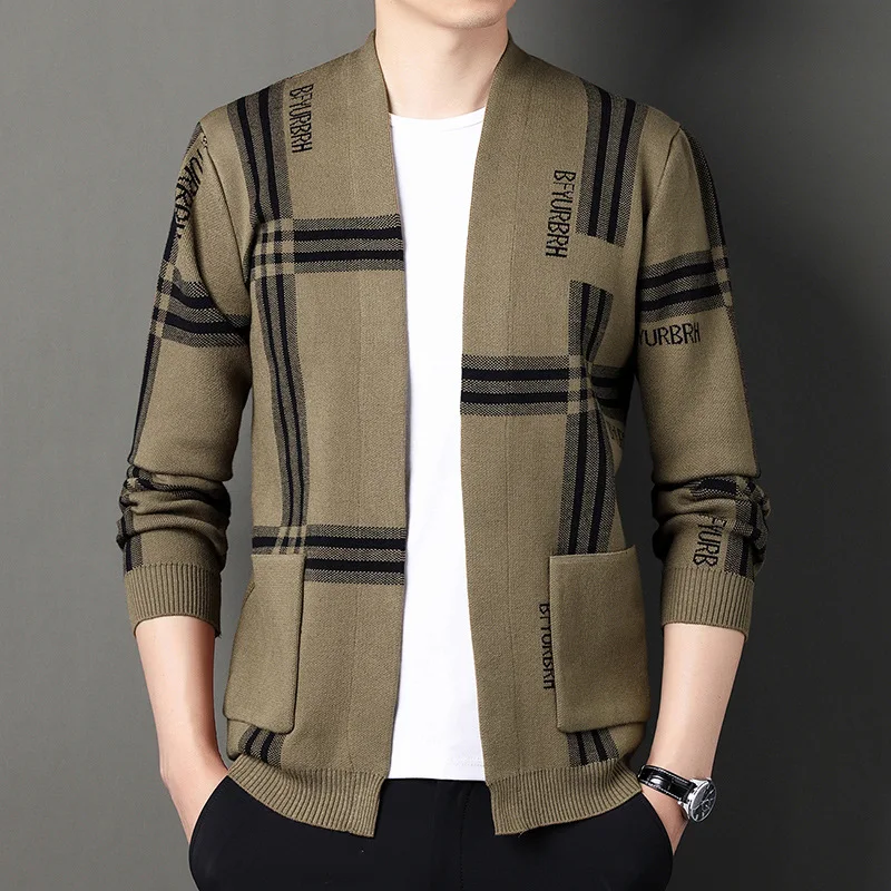 

Spring and Autumn Men Clothes Cardigan Sweaters Knitting Trendy Style Light Luxury Slim Fit Jacquard Lattice Fashion Comfortable