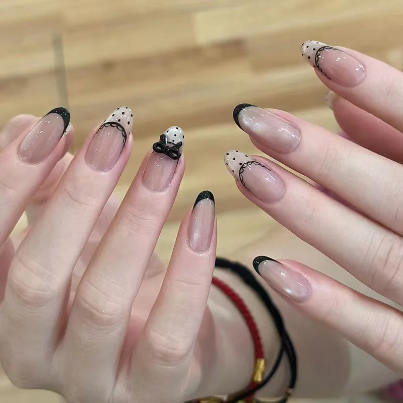 

10 шт., длинные женские накладные ногти ручной работы, розовый кошачий глаз, миндальный пресс на ногтях, миндальный черный французский декор с бантом, Y2k, накладные ногти