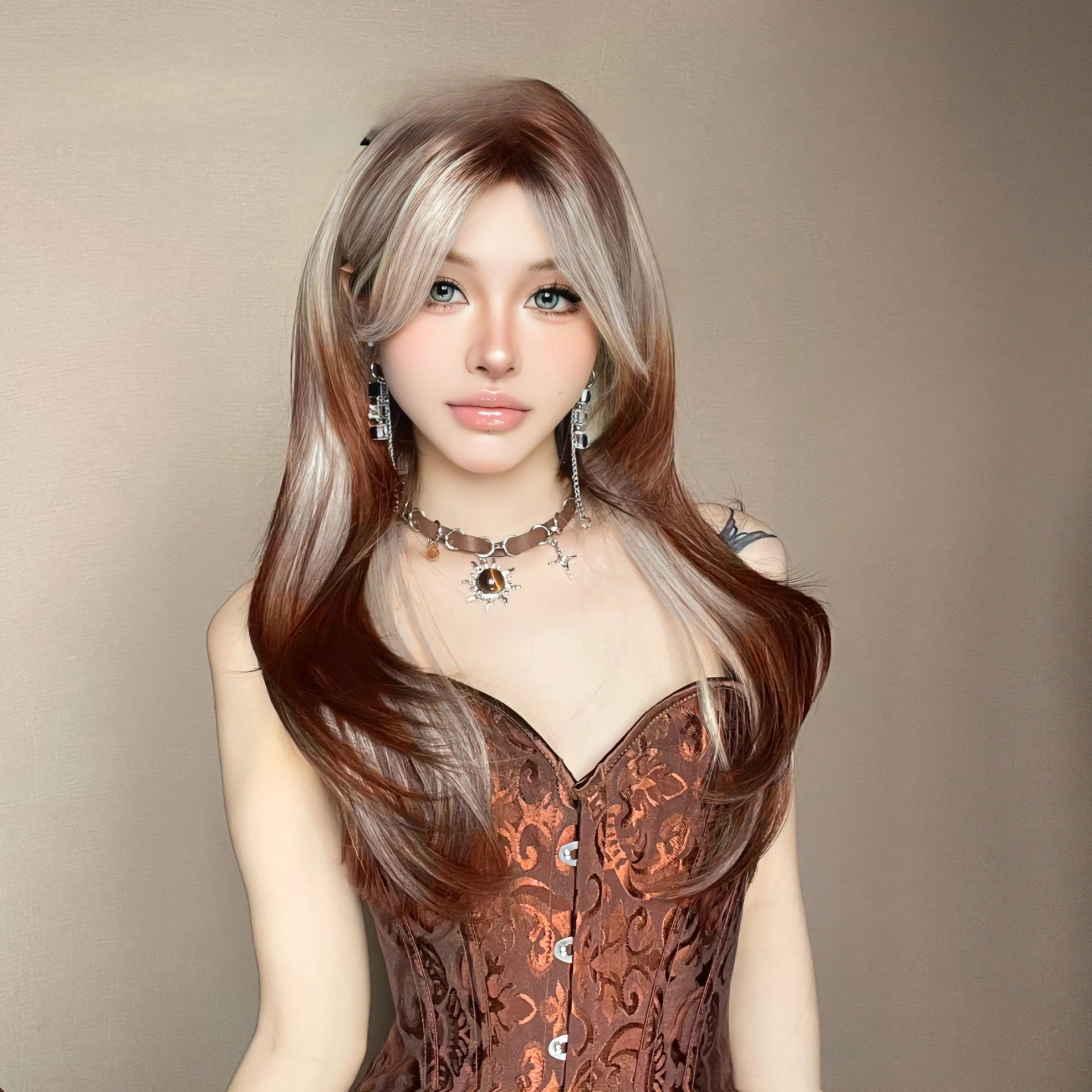 

Korean version of top and bottom highlights brown Qi bangs long straight hair fashion temperament mechanism high temperature sil