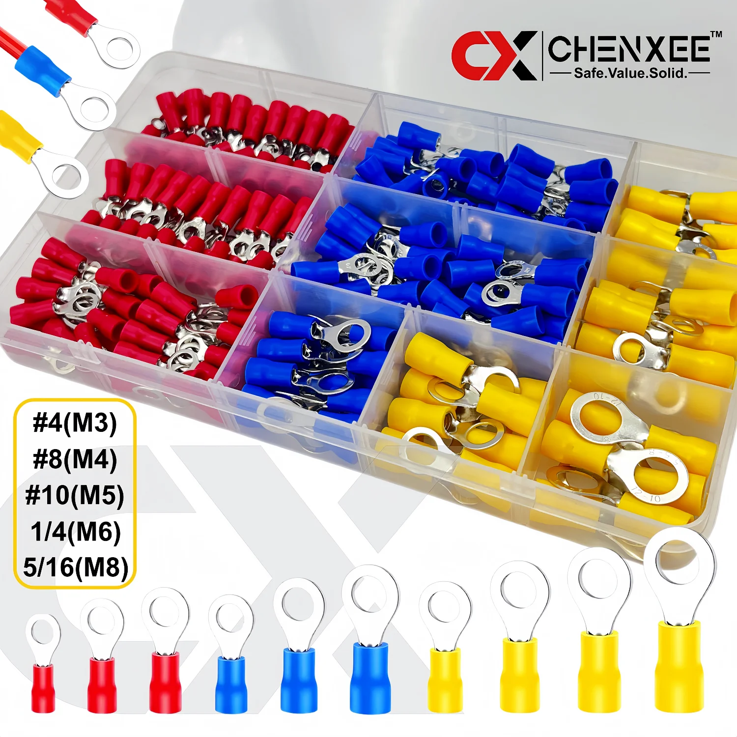 Electrical O-Type Terminal Connector Kit Insulated Wire Crimp Ring Terminals 10 Sizes M3 M4 M5 M6 M8 Assorted Cable Lugs Connect