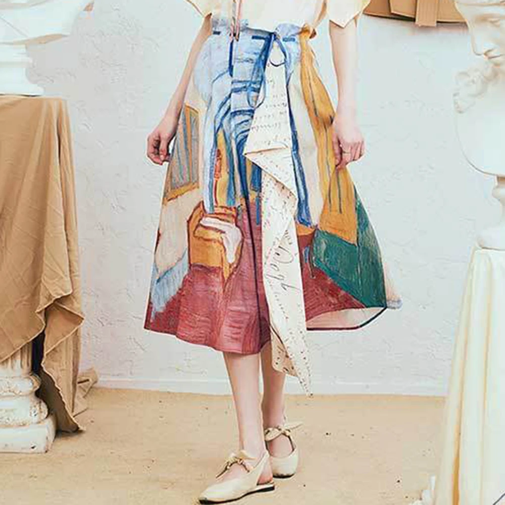 Van Gogh skirt 2025 summer new retro printing irregular art gallery female students slim and thin