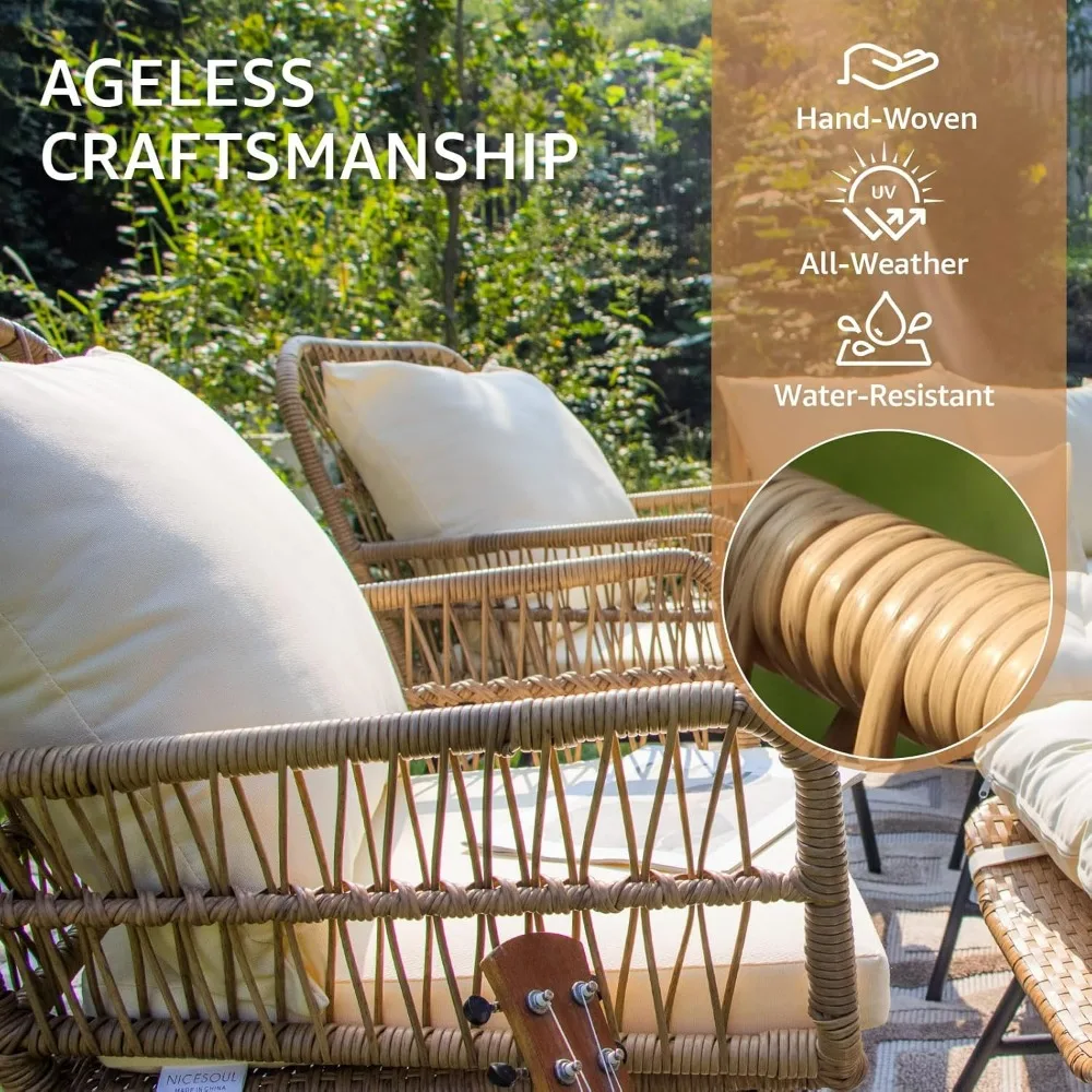 ® 4 Pcs Boho Outdoor Bistro Set With Egg Chair, 500lbs Heavy Duty Seating With Round Table, All Weather Wicker Patio Fur