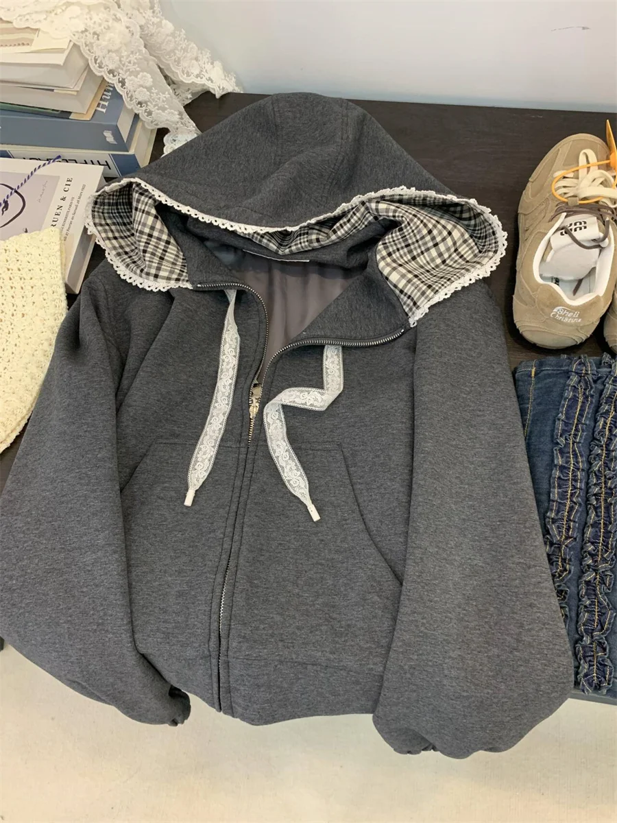 

Ретро Гонконг Sle Chic клетчатый кружевной открытый кардиган свитшот повседневный свободный крой длинный свитер с капюшоном для женщин