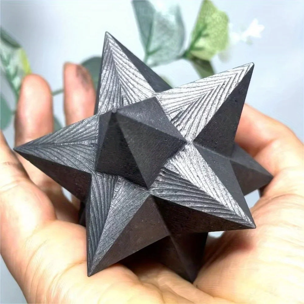 1pc Unique Shungite Merkaba Mineral - Bohemian Hand Carved Geometric Home Decor with Shungite Stone Design Perfect Holiday Gift