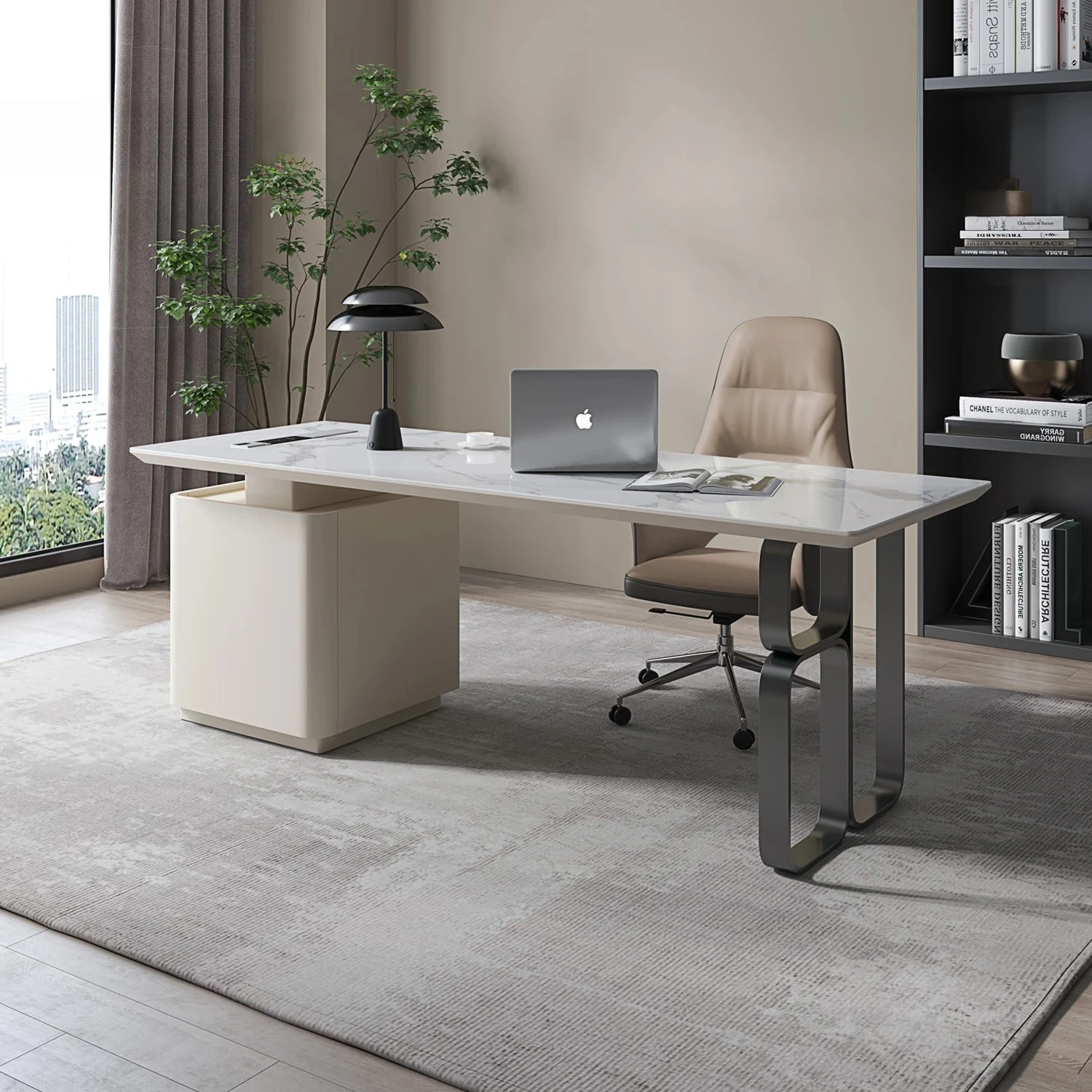 Italian minimalist rock slab desk with drawers | Light luxury modern stainless steel study computer desk