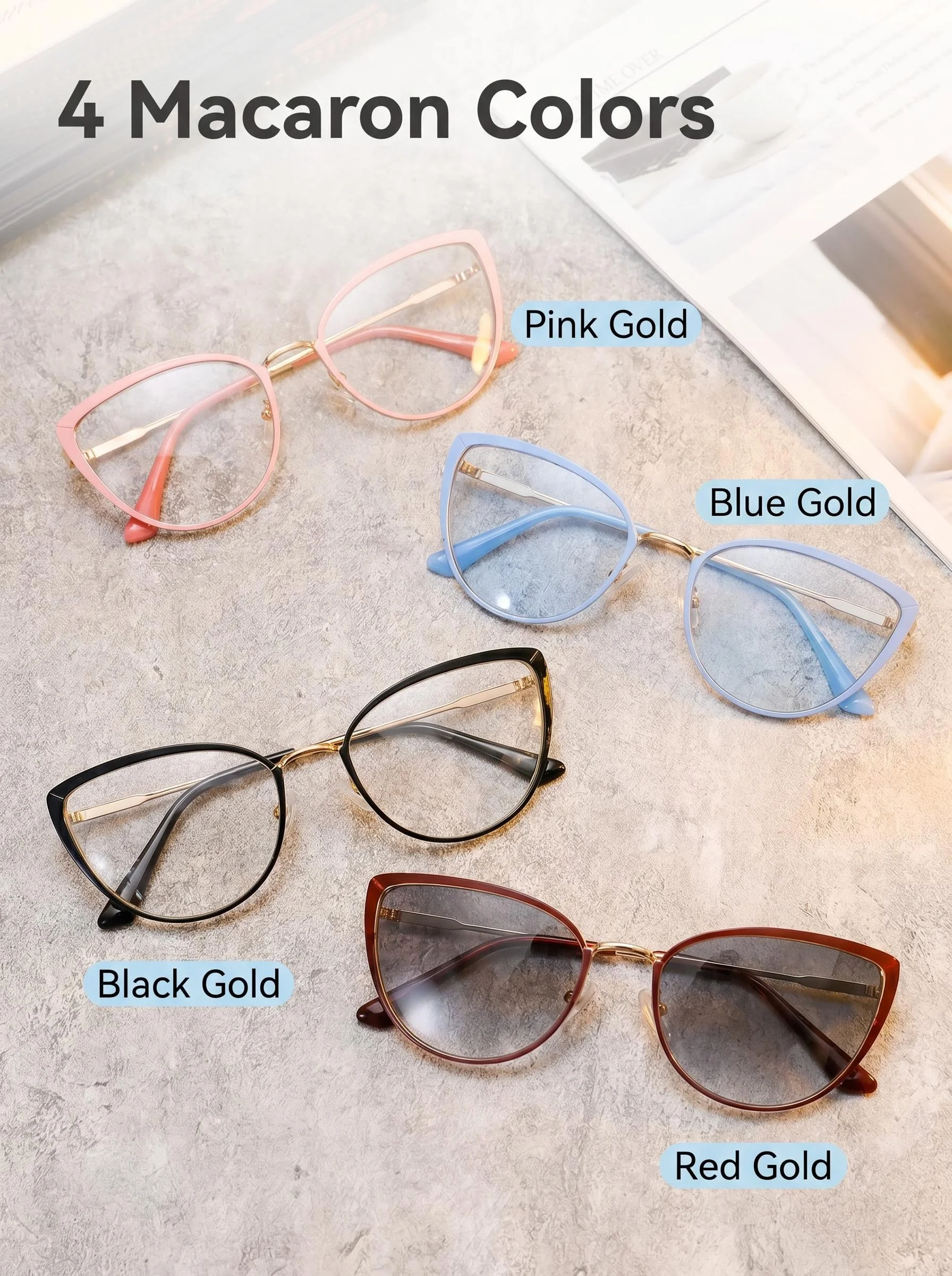 Cat Eye Anti Blue Light Glasses For Women 4 Macaron Colors Fashion Metal Frame Eyewear Clear Computer Eyeglasses In Pink/Blue/Bl