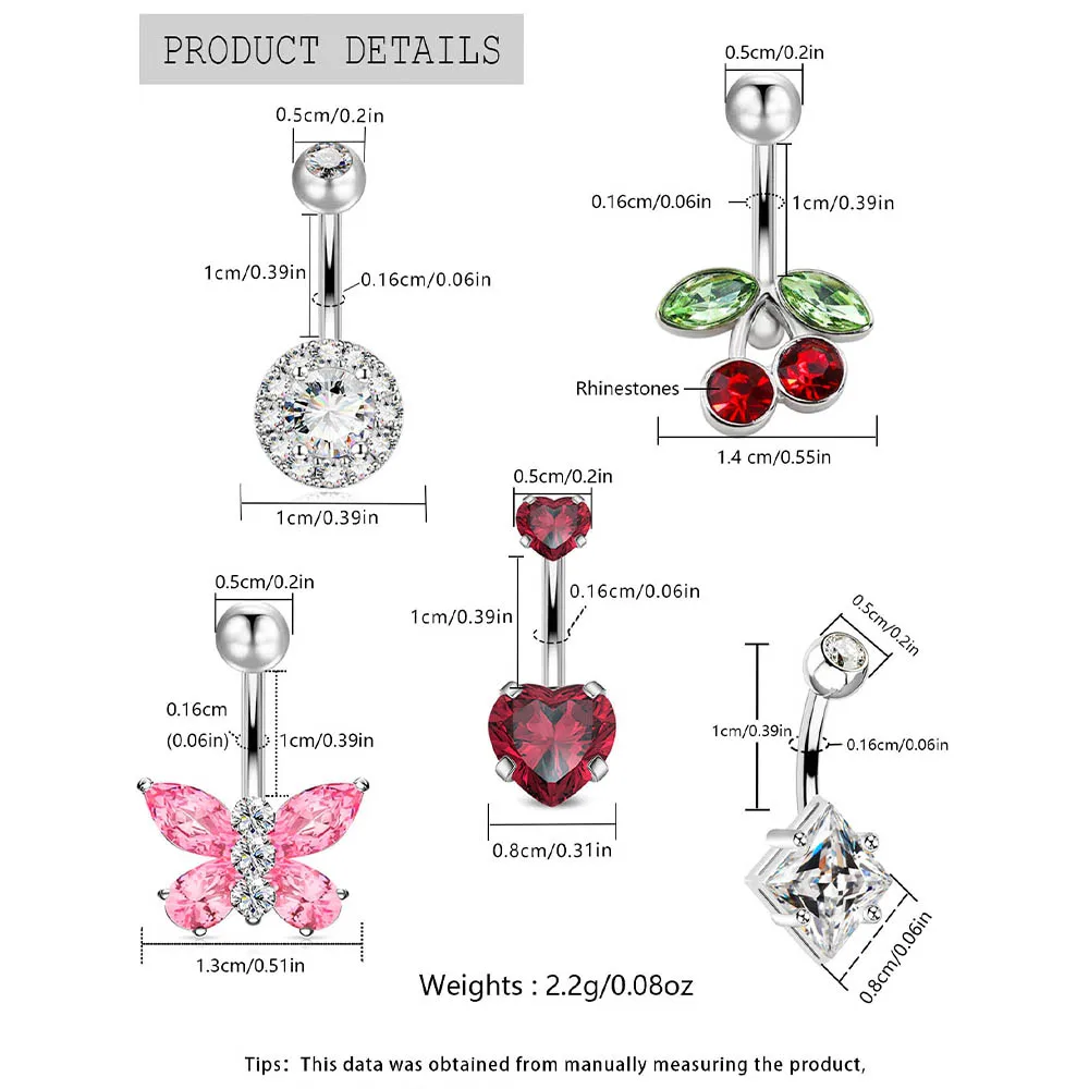 3PCS Kawaii Belly Button Rings, Floral Heart & Butterfly Cherry Designs, Hypoallergenic Stainless Steel Women’s Piercing Collect